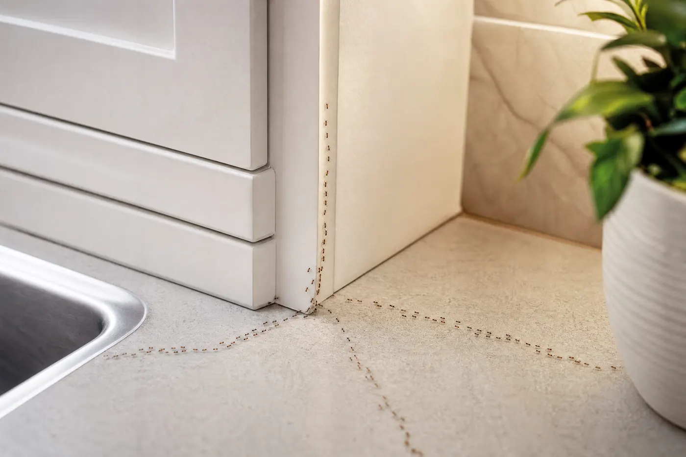 Several tiny ant trails branching from a kitchen cabinet seam toward the counter and sink