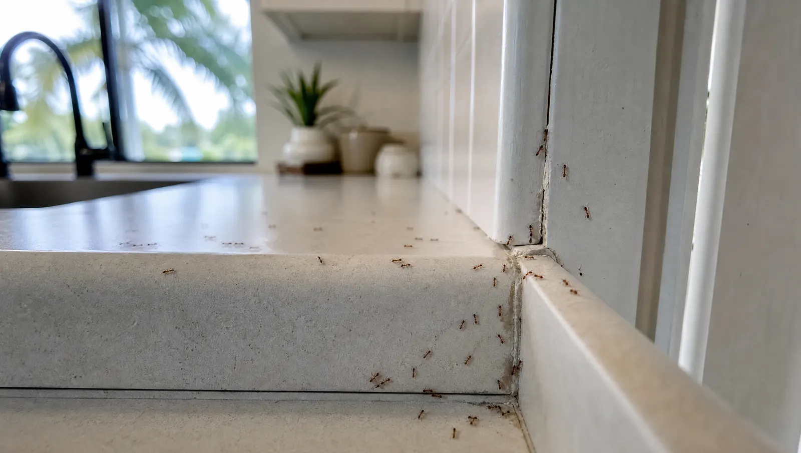 Multiple ant trails branching from a kitchen cabinet seam after a colony has split into nearby nest sites
