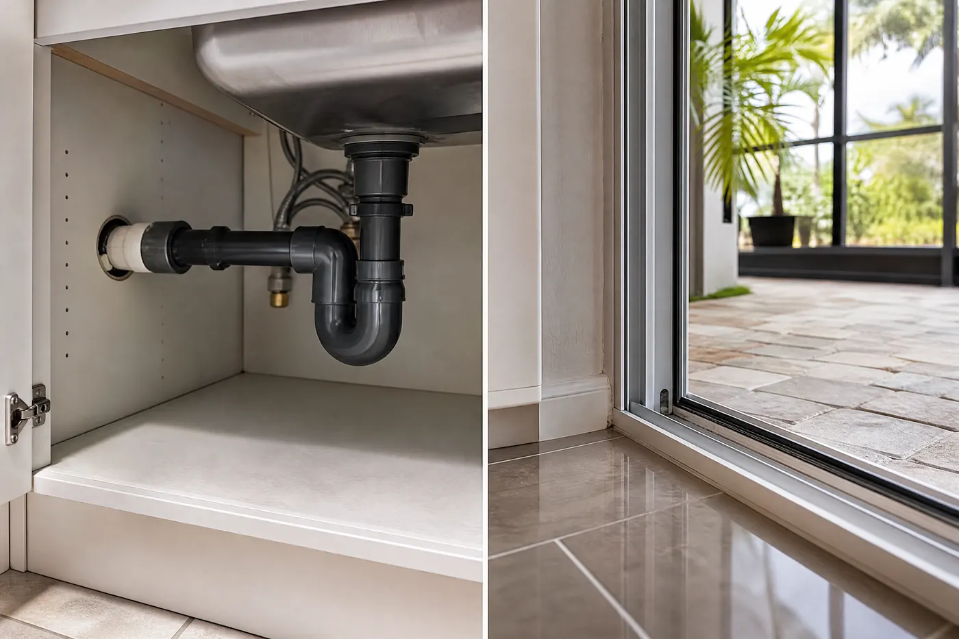 Kitchen sink plumbing and sliding-door track showing two common ant routes