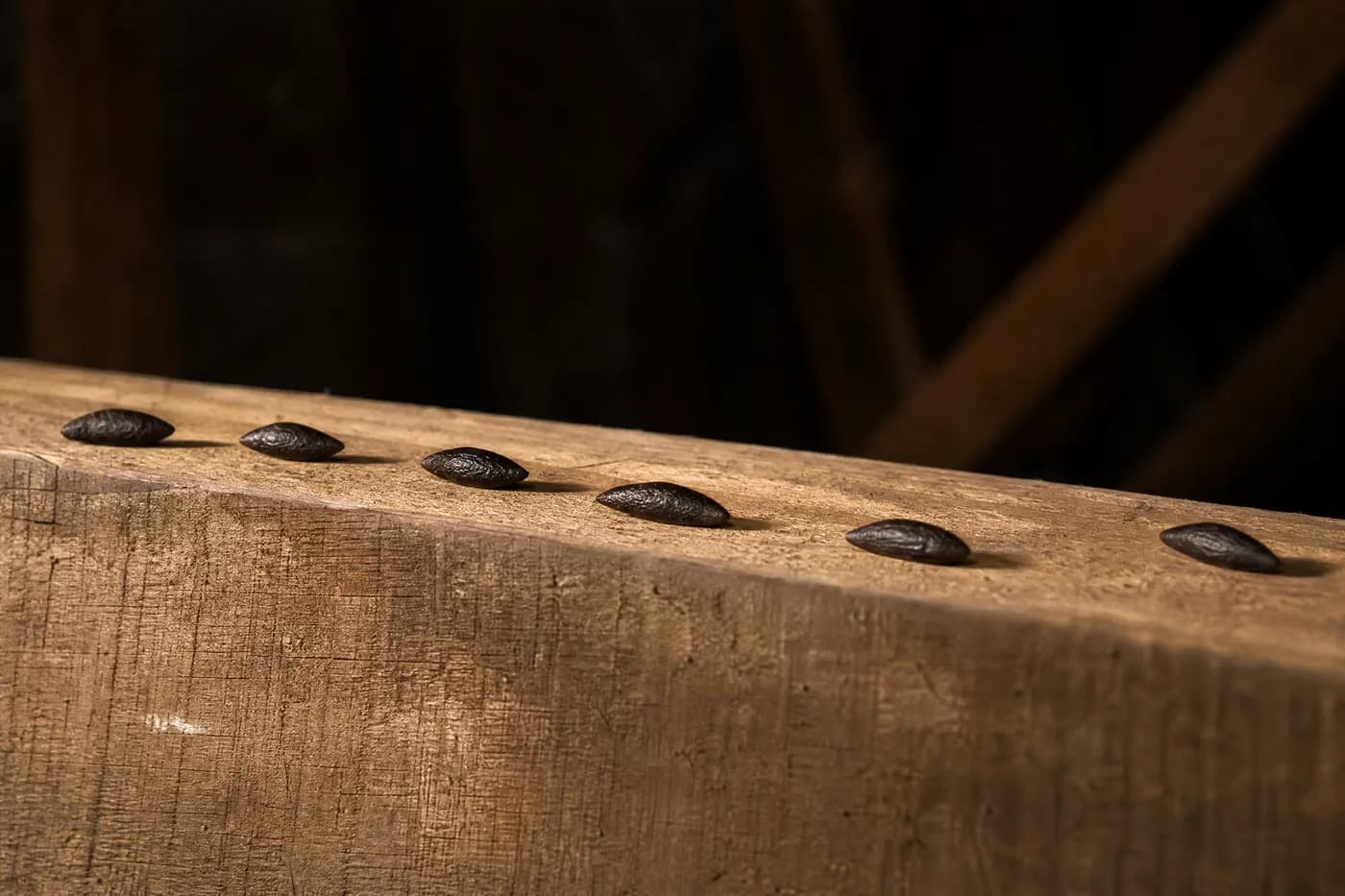 Several dark, glossy rodent droppings about half an inch long, pointed at both ends, lying on the dusty top of a wooden attic joist