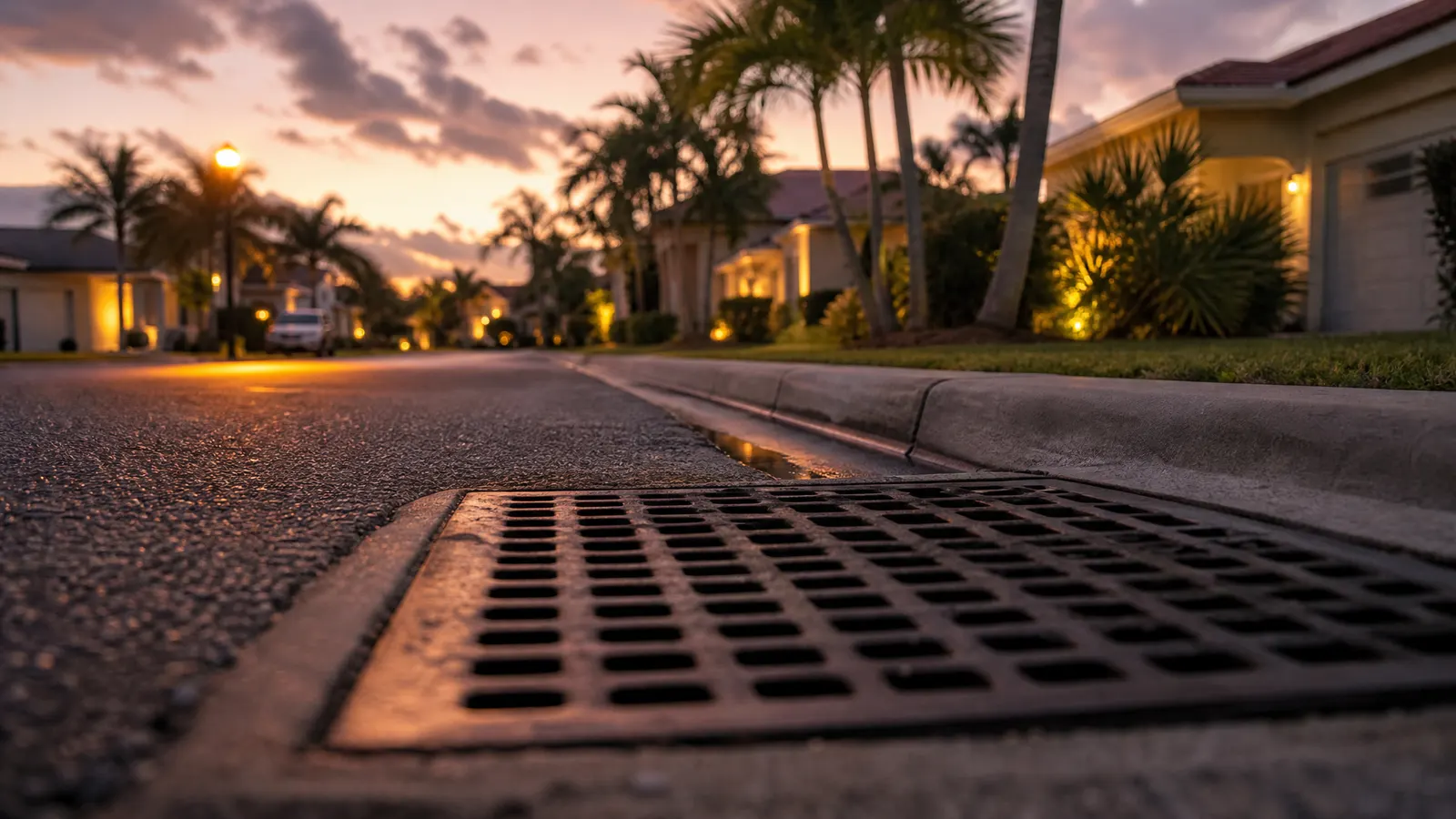 Residential South Florida street at dusk with a storm drain in the foreground
