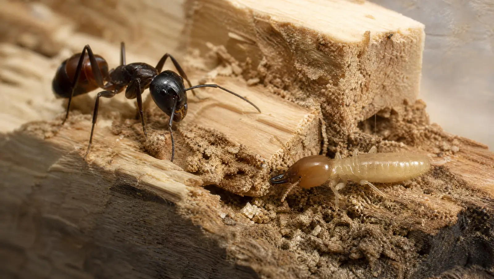 Carpenter ant and termite evidence shown on a damaged wood surface for identification
