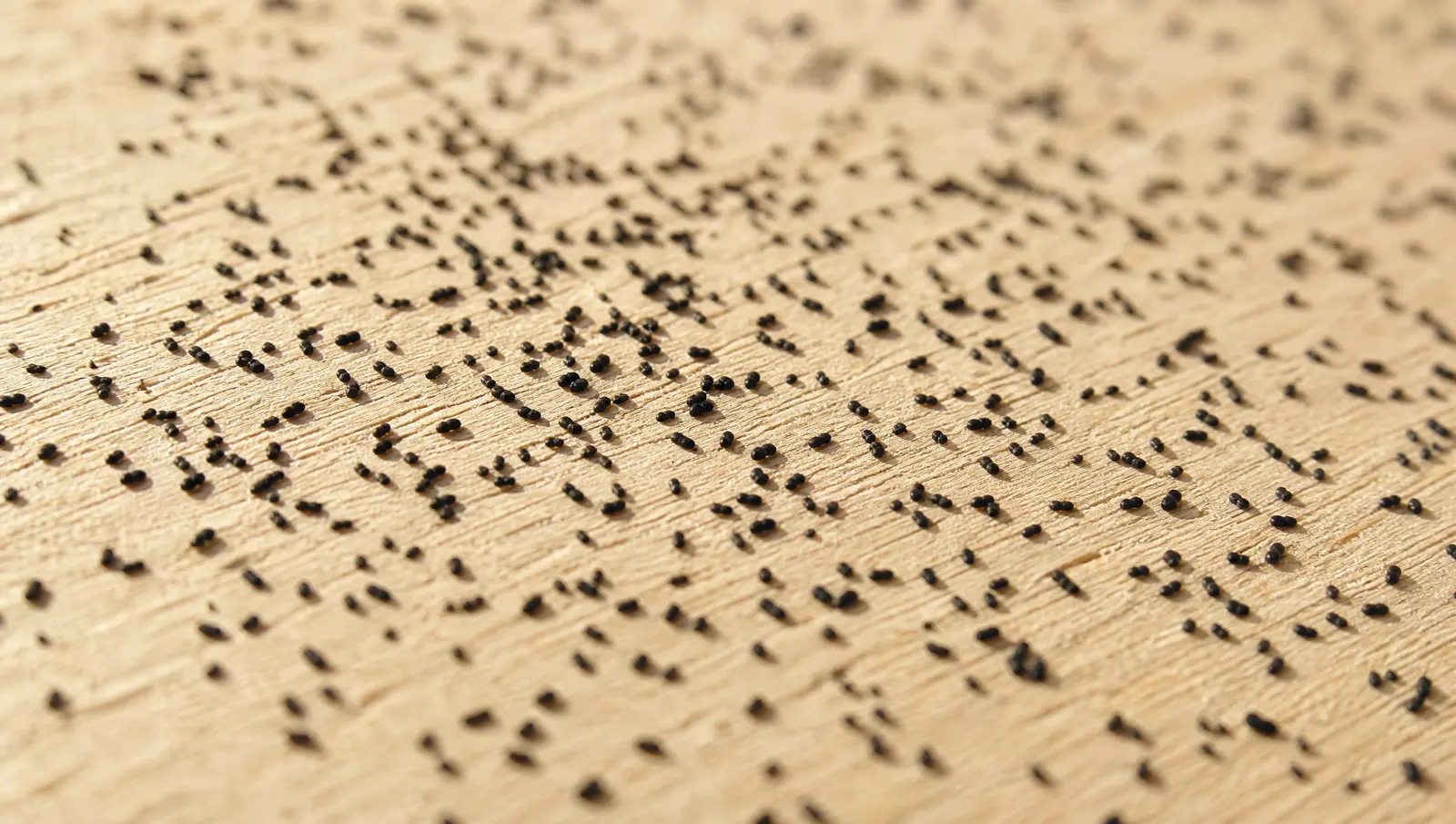 Close-up of dark cockroach droppings scattered in the corner of a kitchen drawer