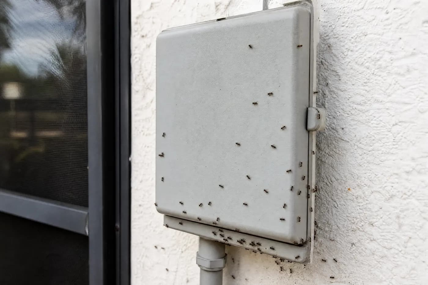 Dense trail of small dark ants outside an unmarked residential electrical enclosure