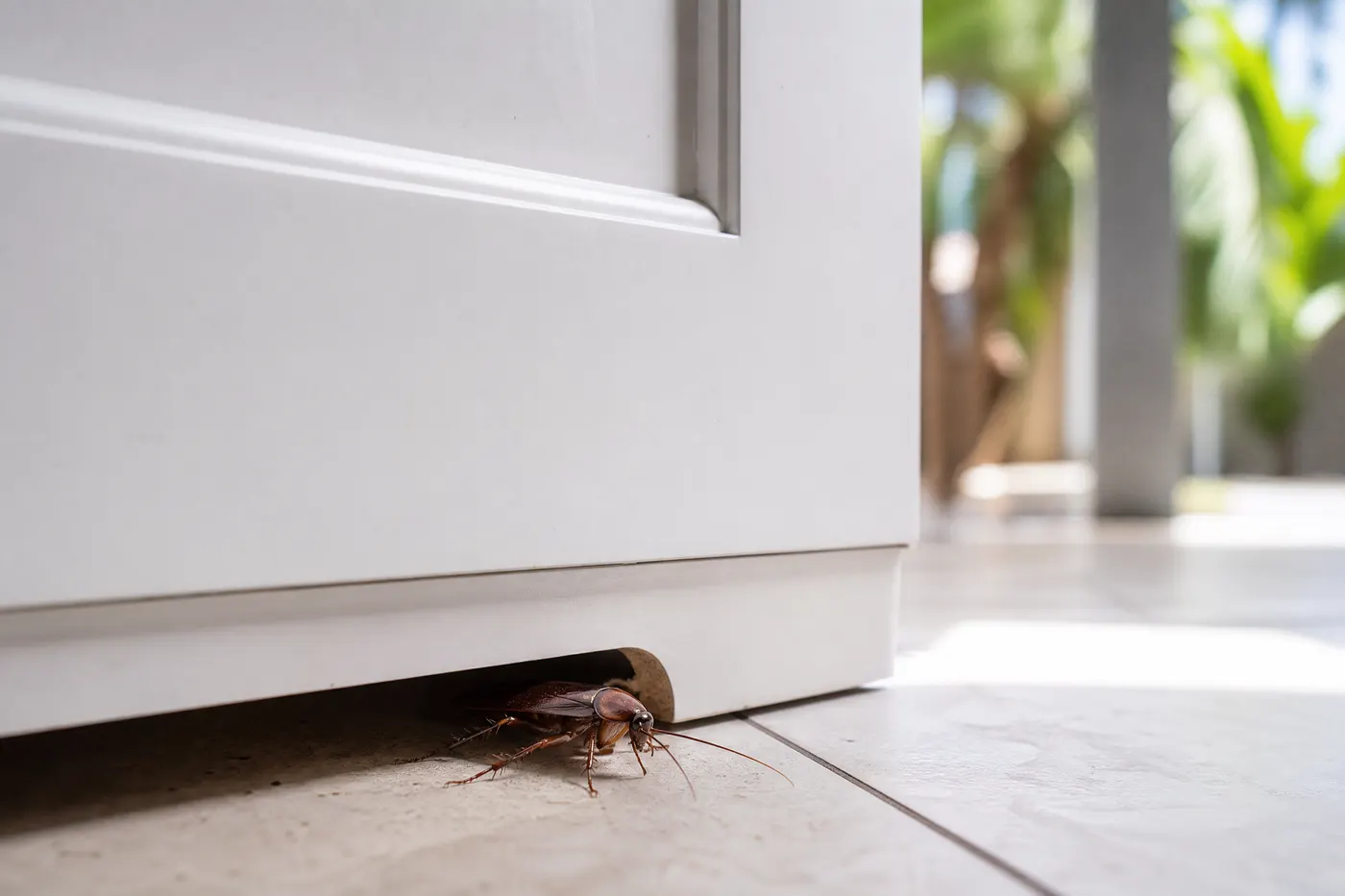 Cocina limpia con una pequeña abertura de tubería y una ruta de cucaracha junto al gabinete