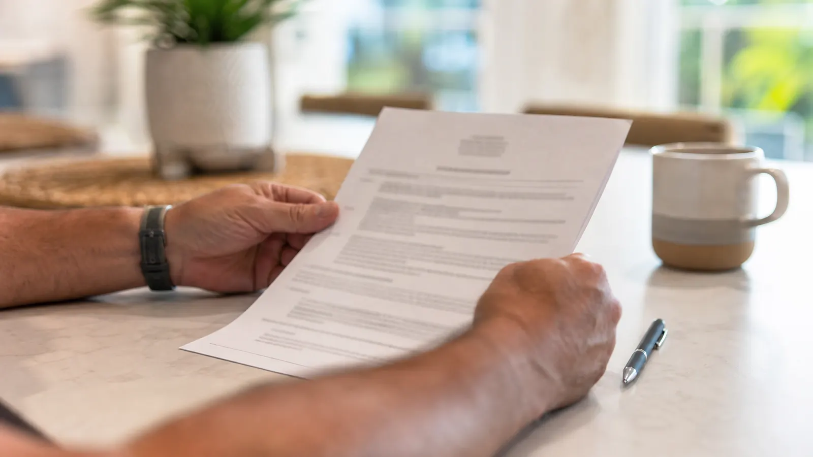 Homeowner reading the first page of a termite treatment contract at a kitchen table