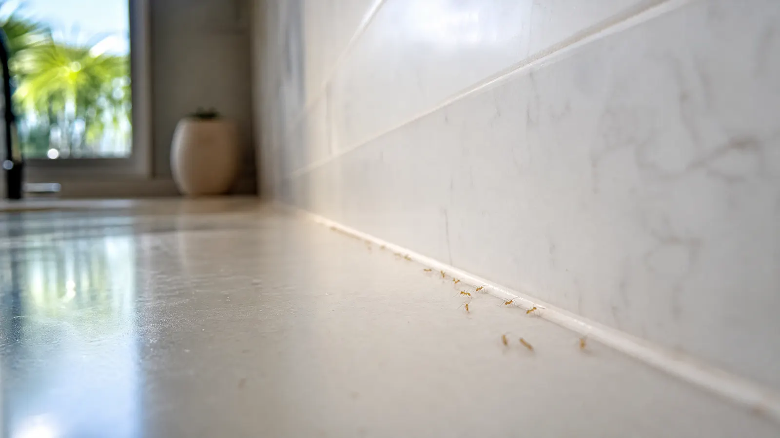 Trail of tiny ghost ants moving in single file along the seam where a kitchen countertop meets the backsplash