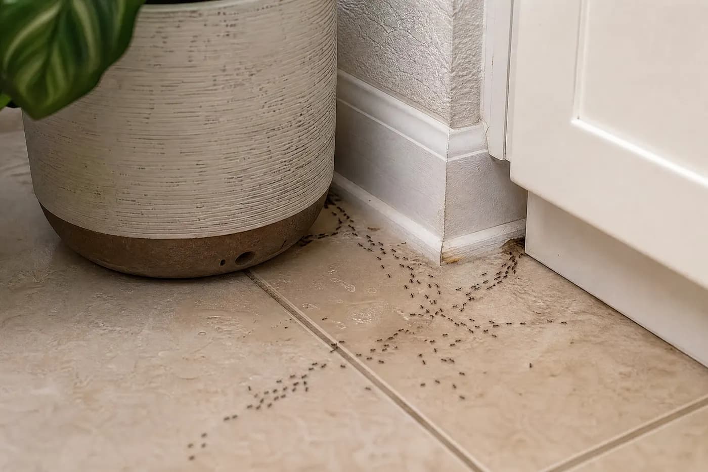 Ant trails branching beside a damp cabinet and potted plant after disturbance