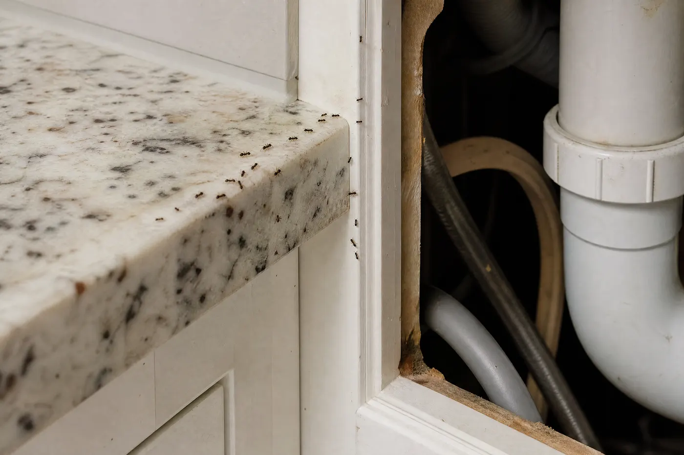 Ant trail leading from a kitchen counter to a narrow cabinet and plumbing opening