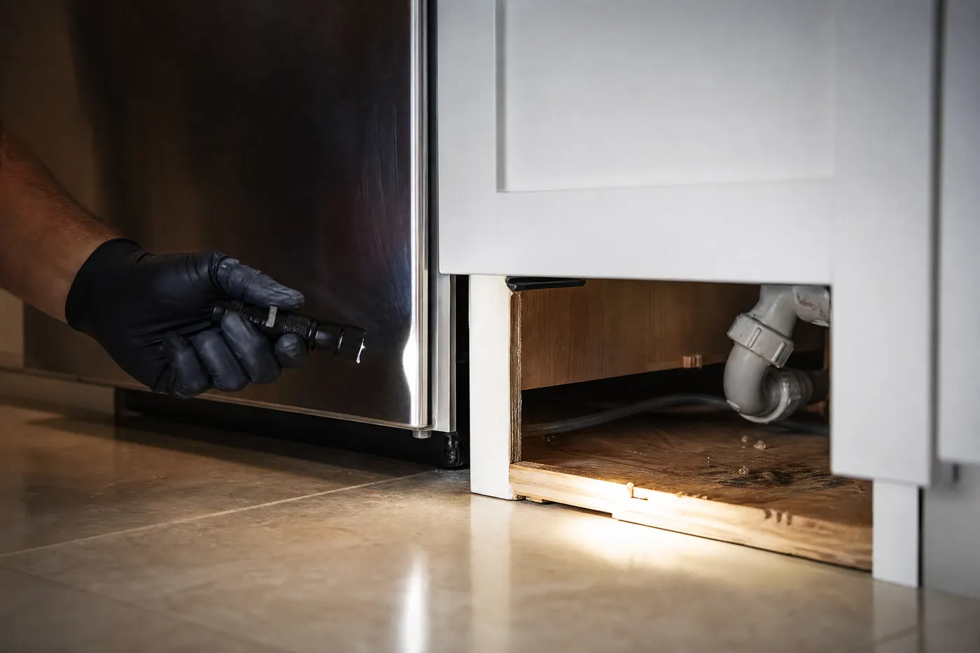 Flashlight inspection of a kitchen appliance edge, cabinet void and plumbing route