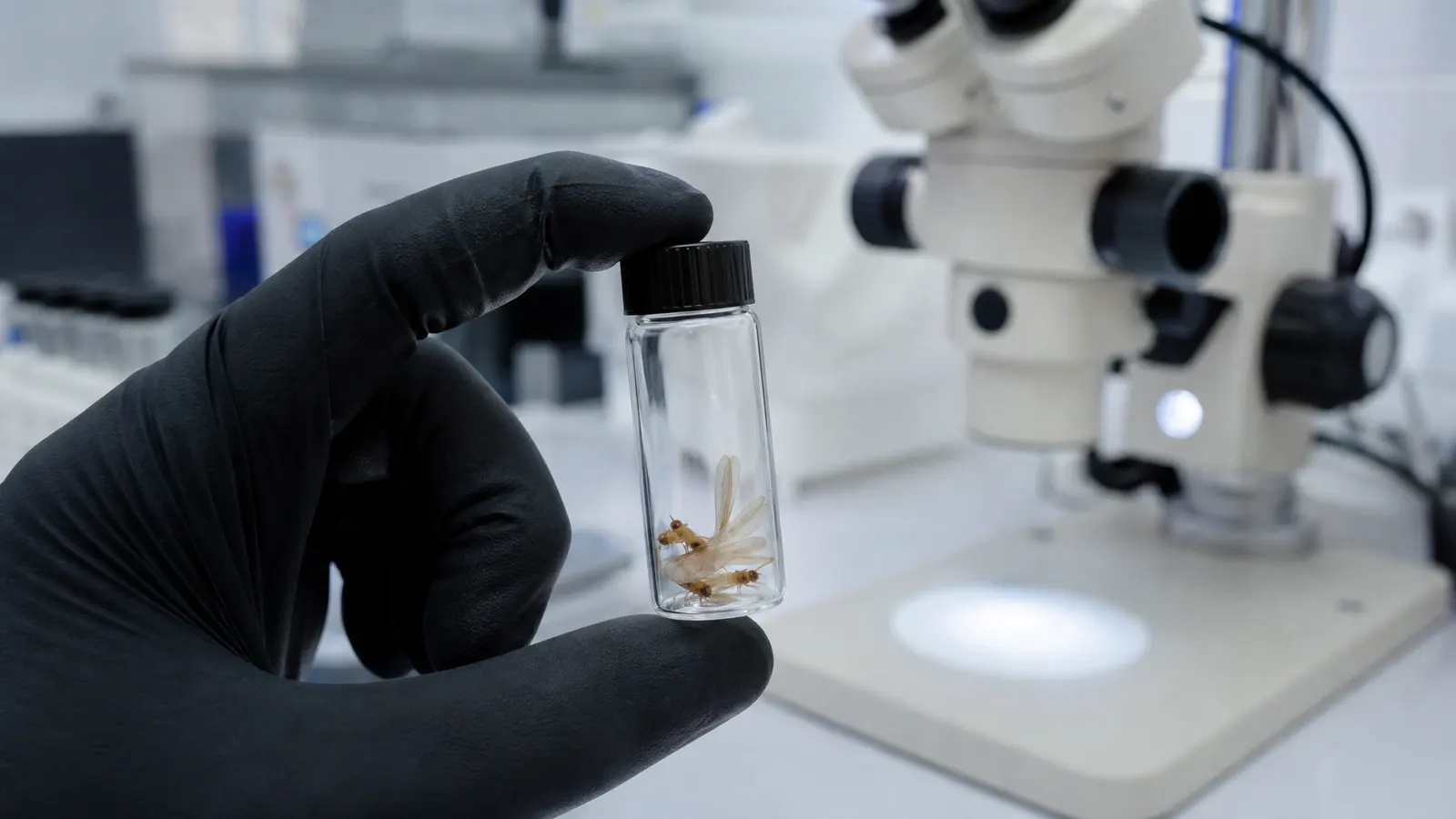 Researcher's gloved hand holding a vial of collected termite alates for laboratory identification