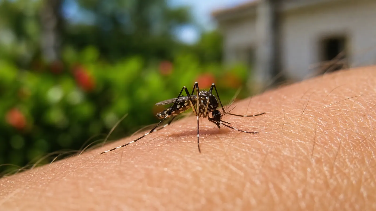 Mosquito with banded black and white legs feeding on a person's forearm in bright daylight