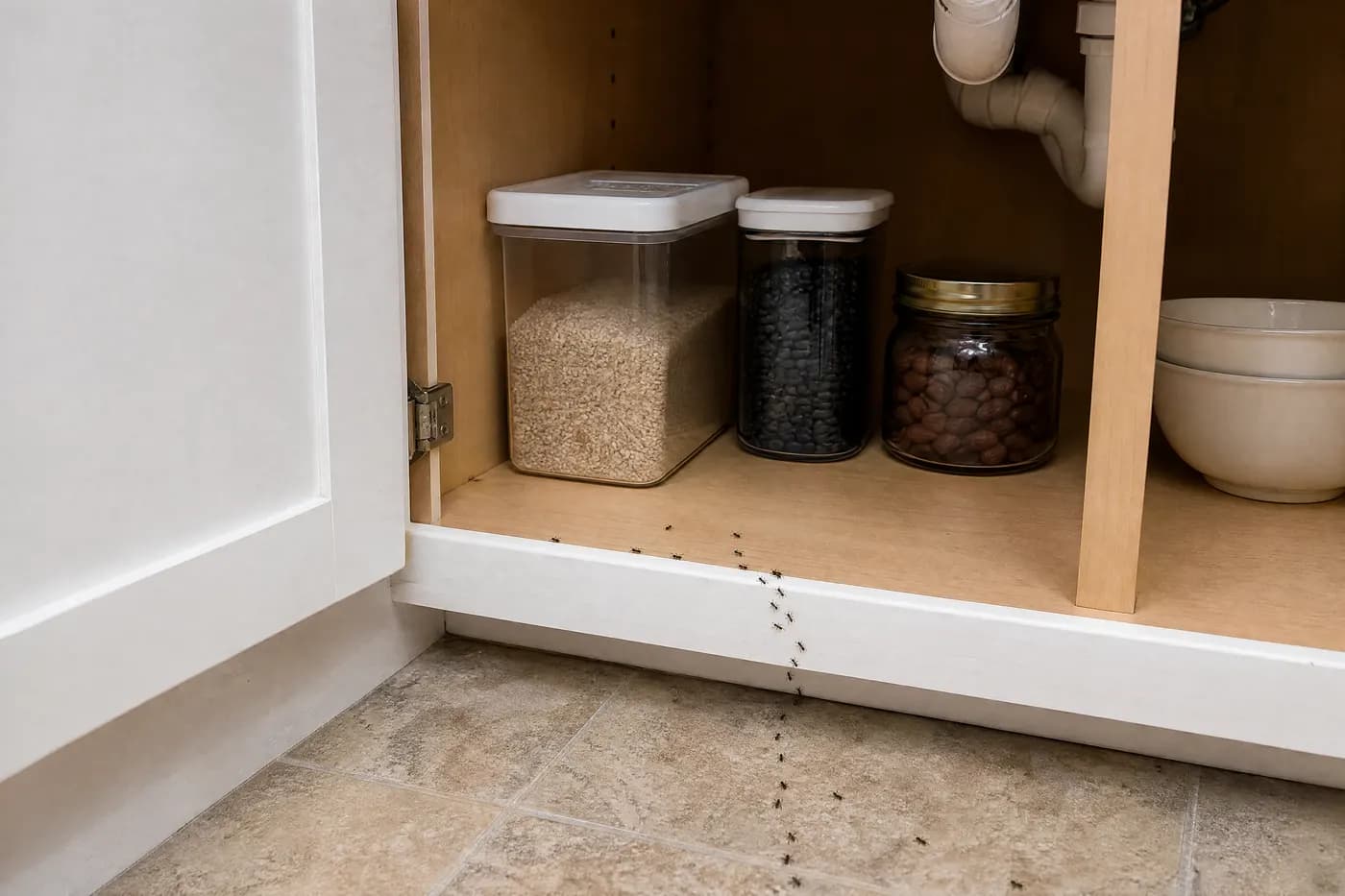 Dry sink cabinet with a small plumbing gap and sealed food storage in a Florida kitchen