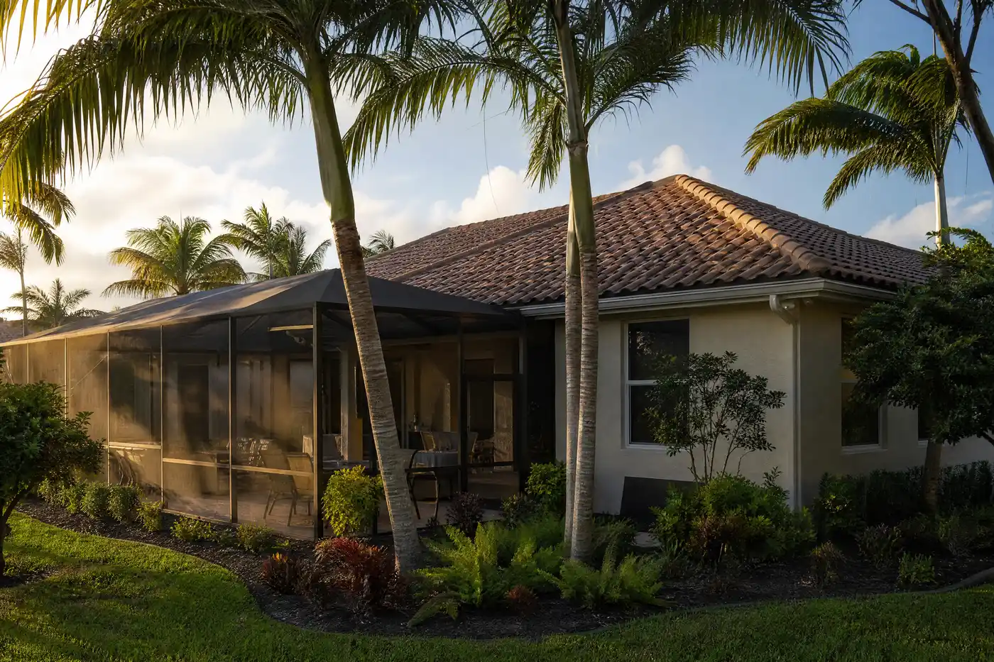 Florida roofline, palm canopy and screened enclosure showing common pest routes