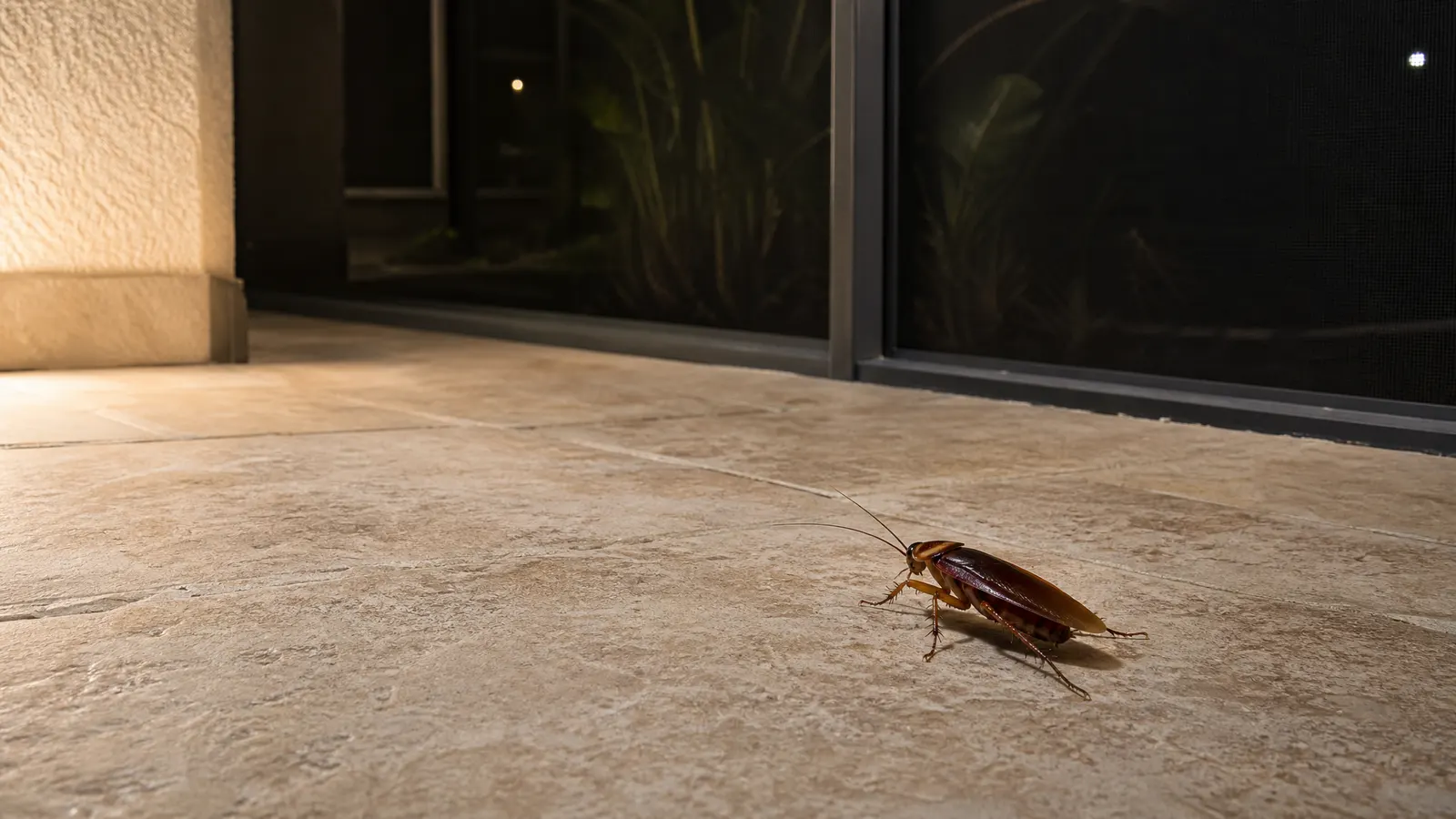 Large reddish-brown American cockroach, known in Florida as a palmetto bug, on a screened patio floor at night