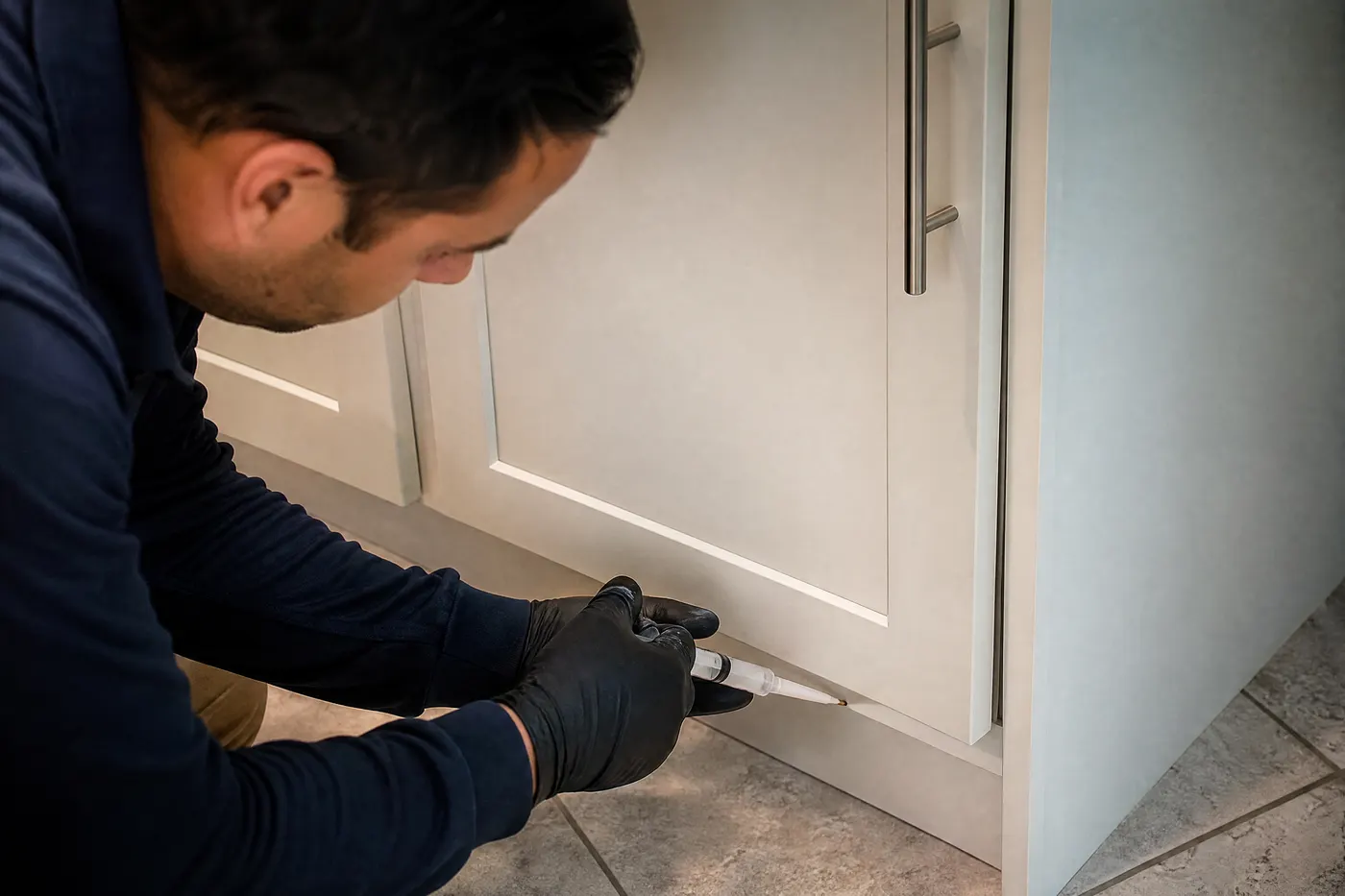 Gloved technician applying a targeted treatment into a protected cabinet gap