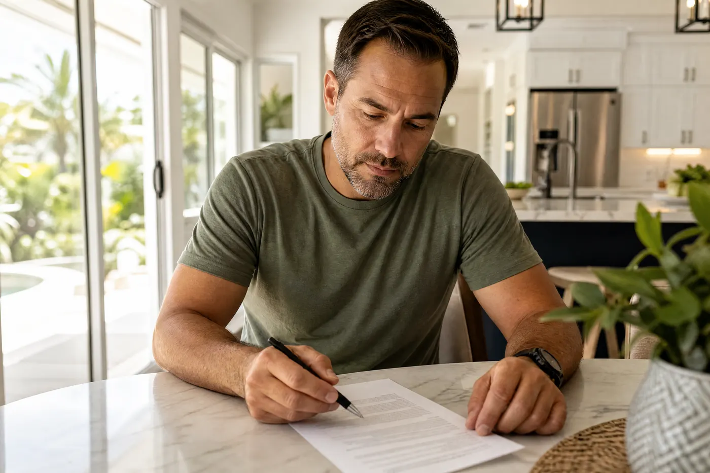 Homeowner reviewing written treatment and reentry instructions at a kitchen table