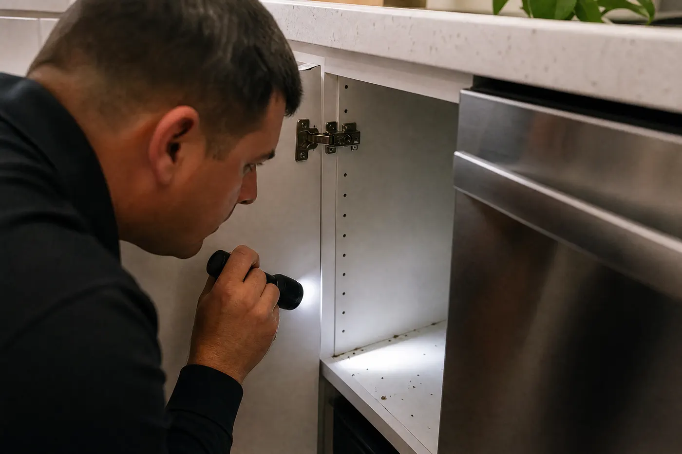 Close inspection of a cabinet hinge and appliance gap where roach evidence can collect