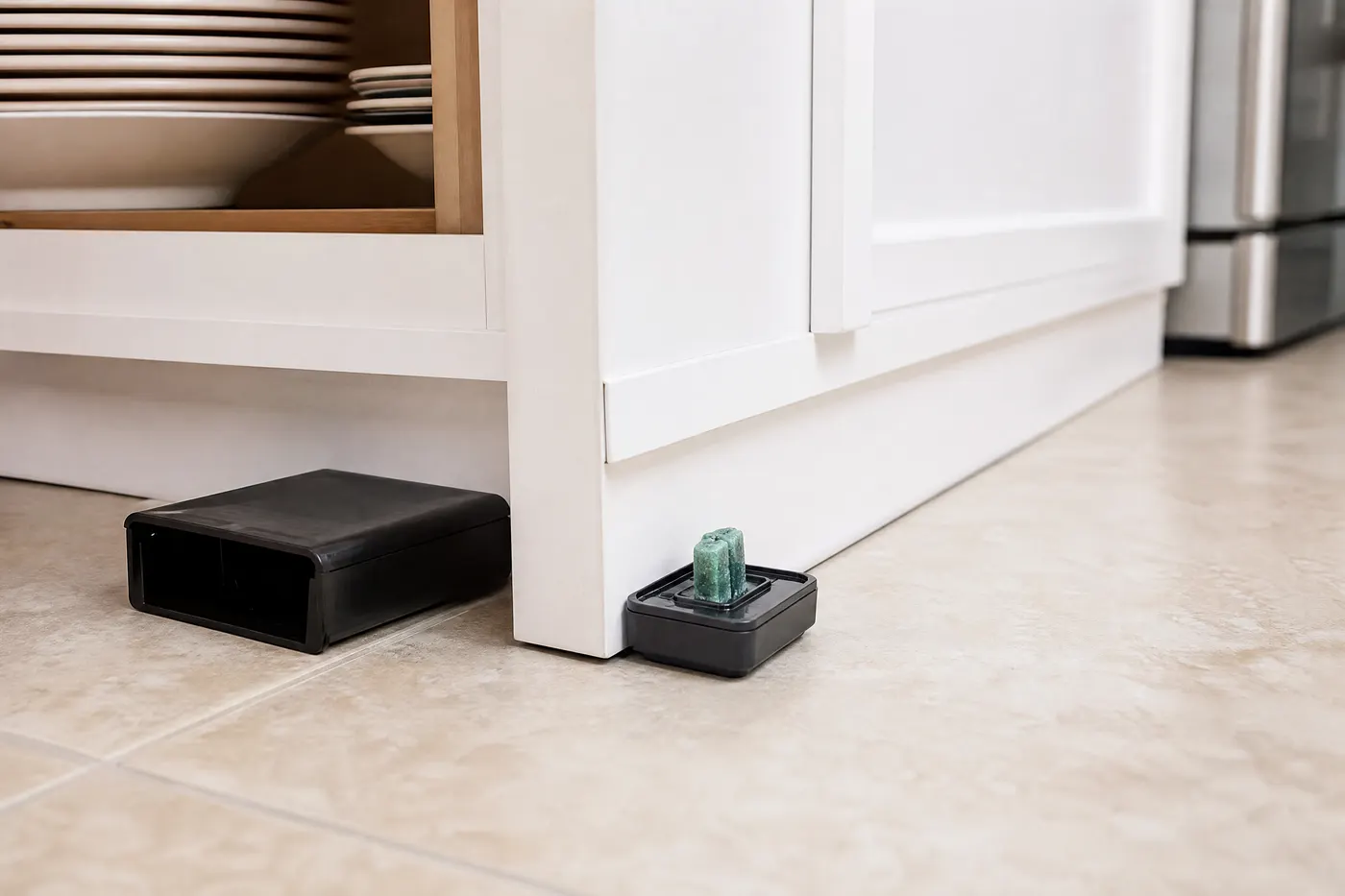 A monitoring trap and discreet bait placement along a kitchen cabinet edge