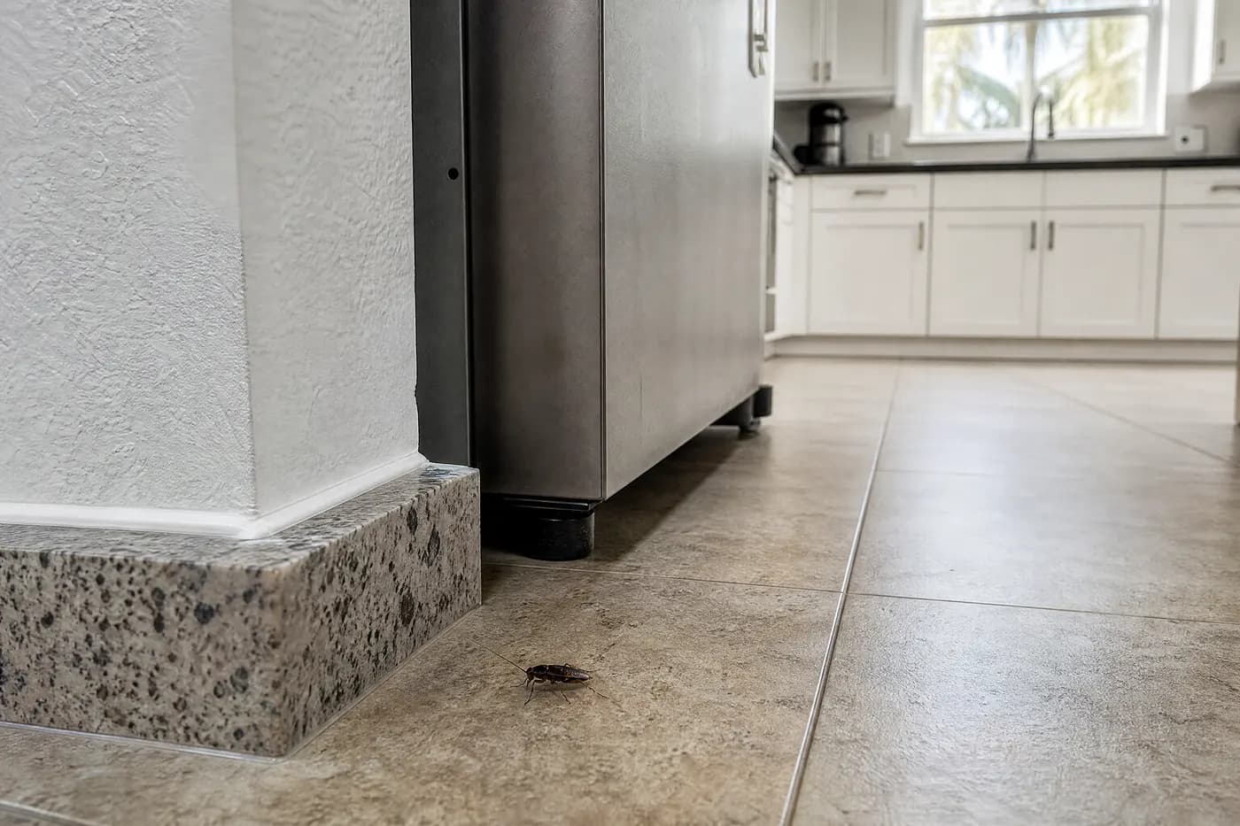 Protected kitchen edge showing a monitor, a crack route and a clean runway where roaches travel