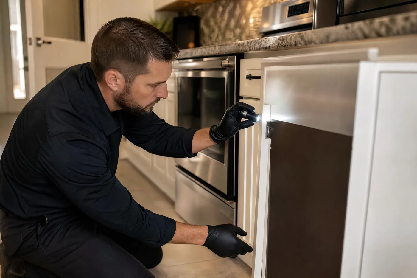 Technician inspecting a kitchen cabinet void and appliance route instead of treating an entire structure