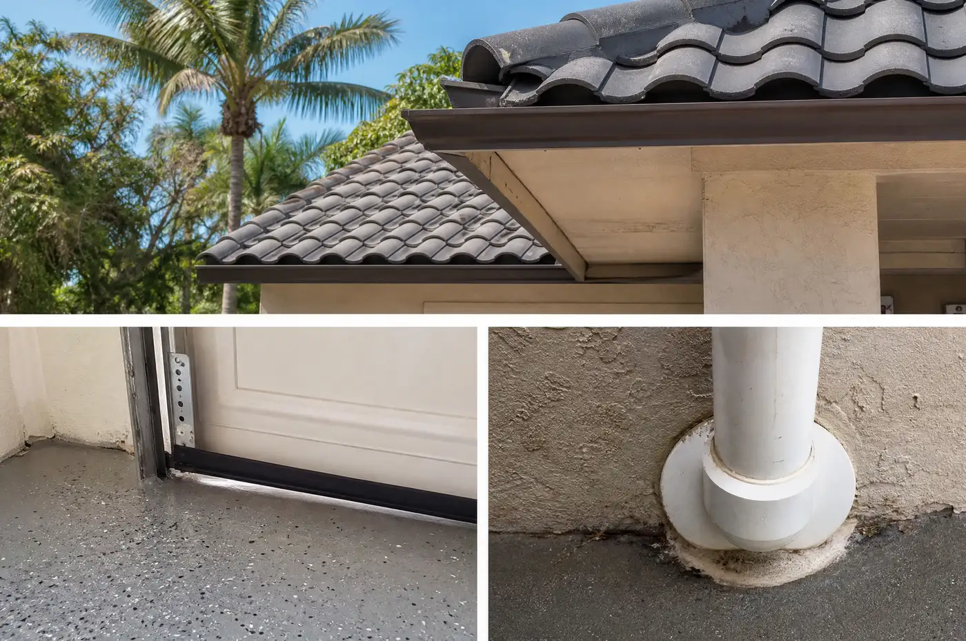 Florida roofline, garage seal and plumbing penetration representing structural pest entry routes