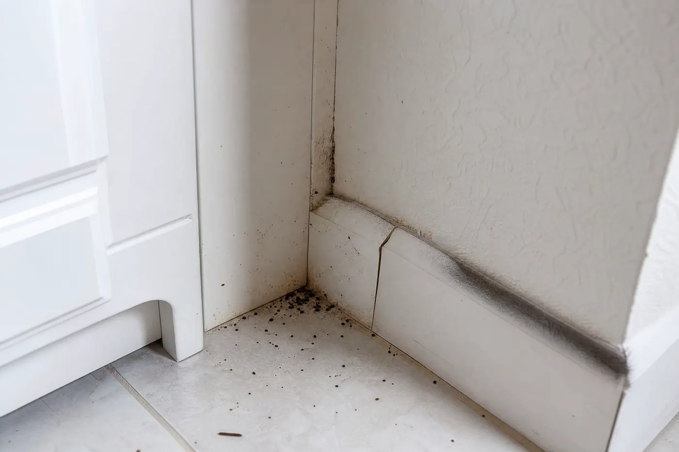 Protected cabinet corner with small roach specks beside a separate wall-edge route for comparison