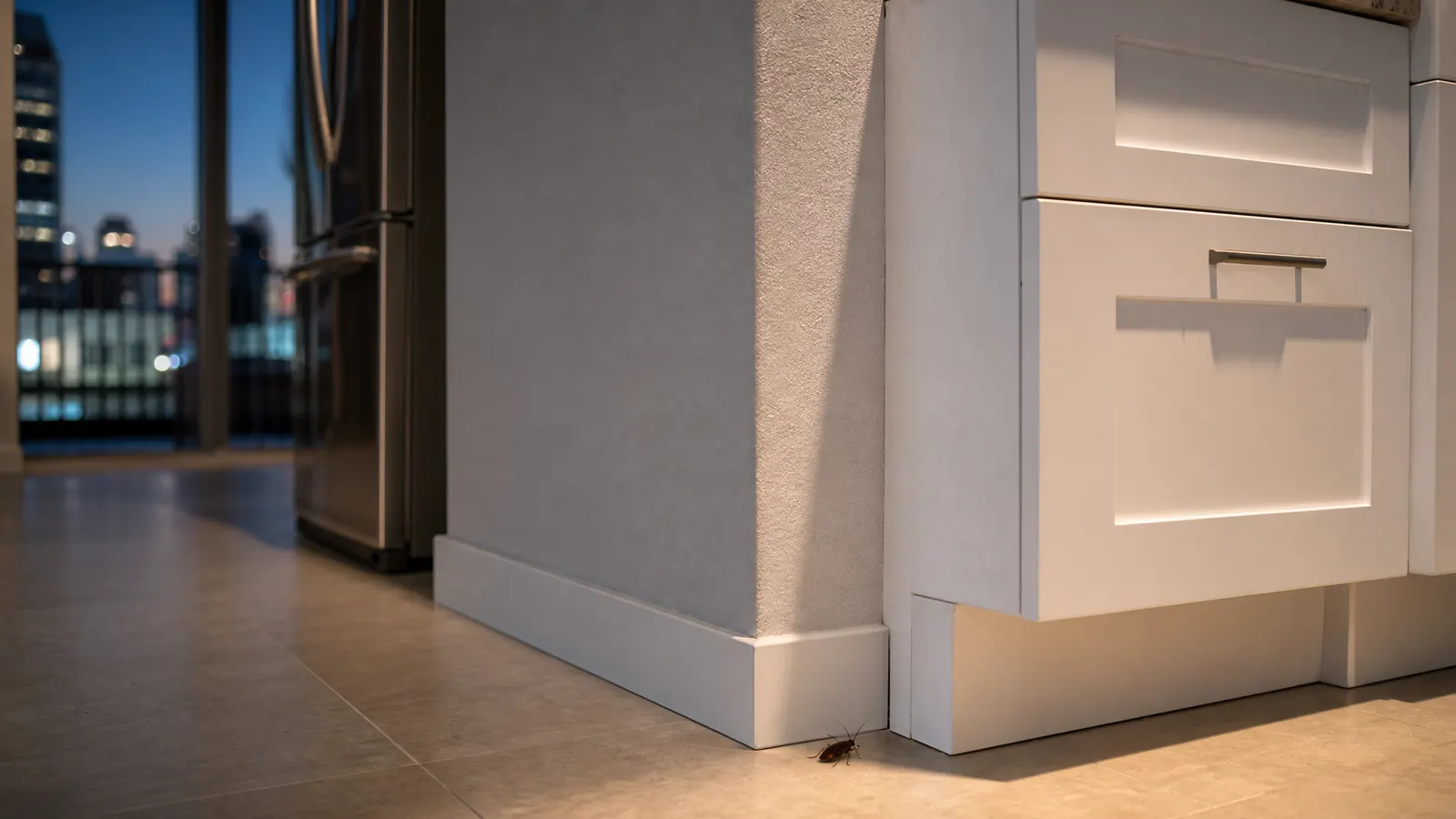 Broward condo kitchen cabinet beside a shared plumbing wall where recurring cockroach activity can travel
