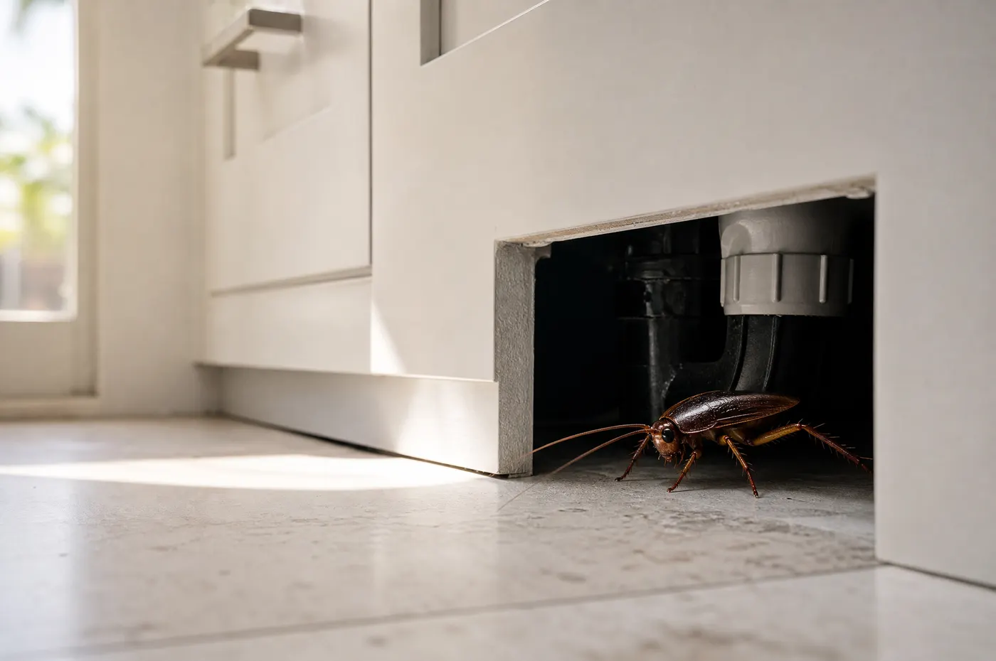 Clean white kitchen with a cockroach entry route visible near the cabinet base and plumbing wall