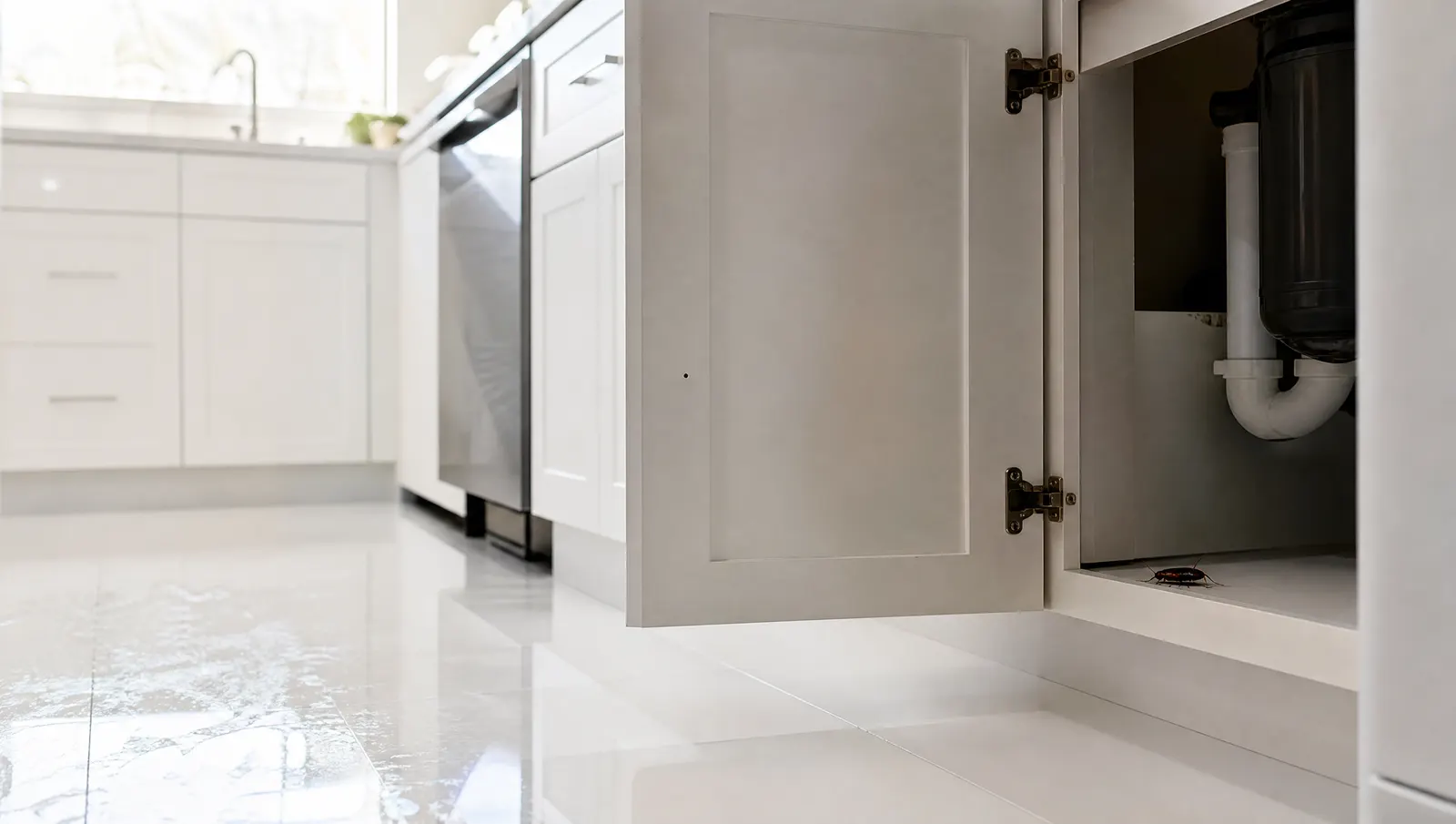 Clean South Florida kitchen with a cockroach route near the plumbing and cabinet base