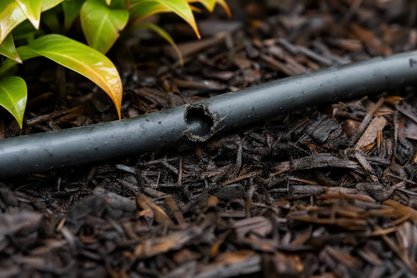 Black poly irrigation tubing lying in mulch with gnaw damage chewed through one side of the line