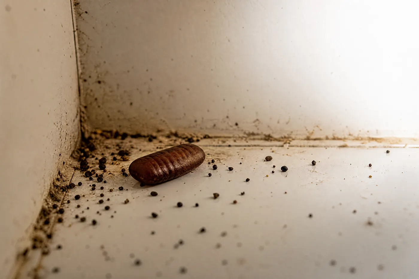 Cockroach egg case and pepper-like droppings in a protected kitchen cabinet corner