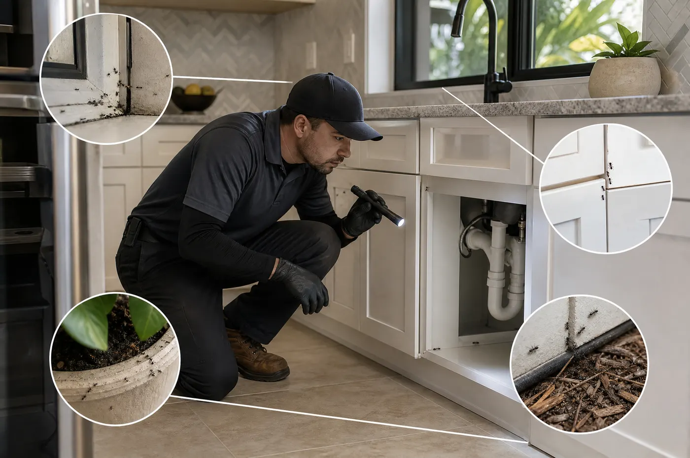 Kitchen sink plumbing, window seam, cabinet edge, plant pot and exterior mulch shown as ant entry routes