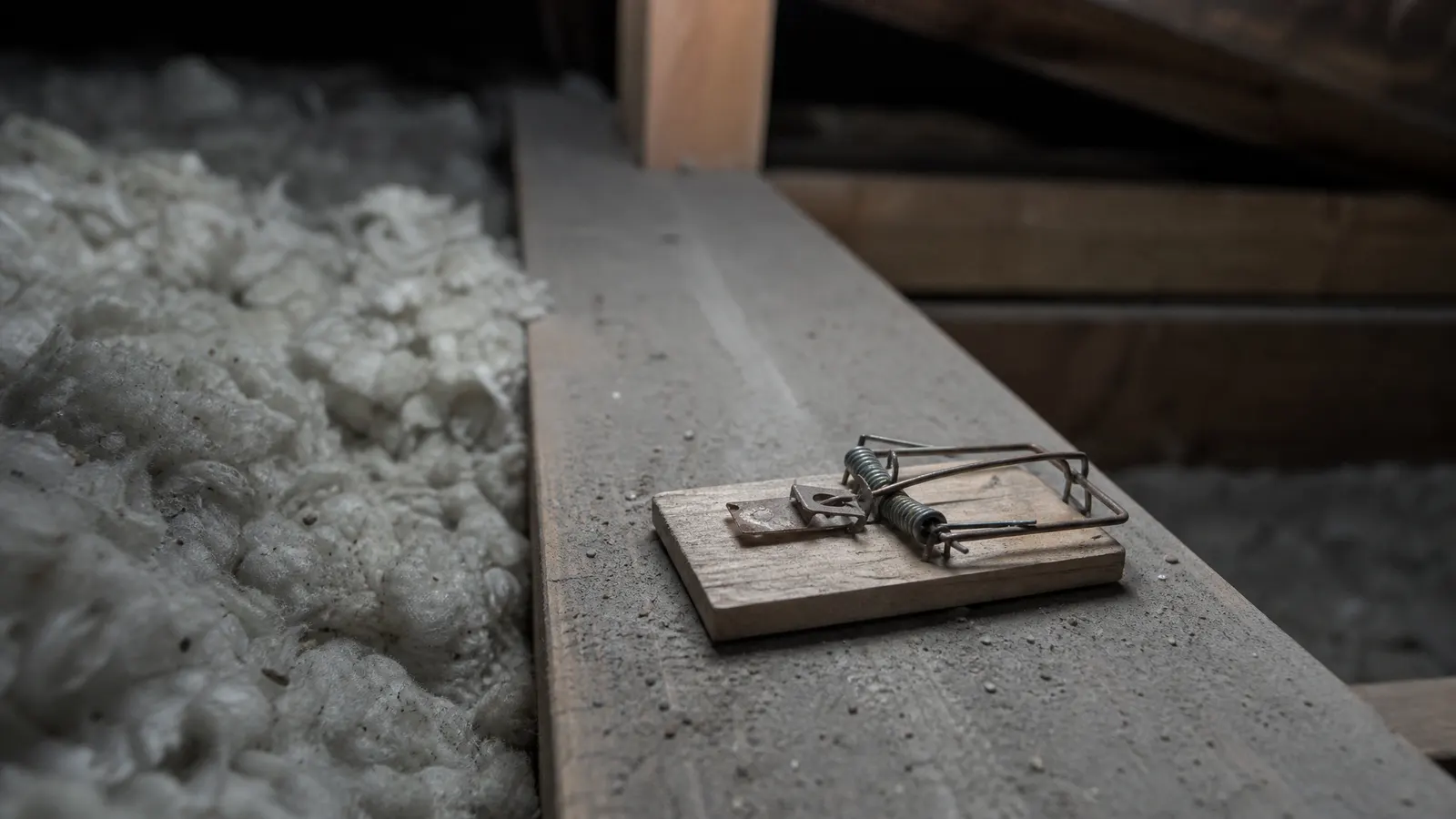 Unset snap trap positioned along a dusty attic joist beside a rodent runway