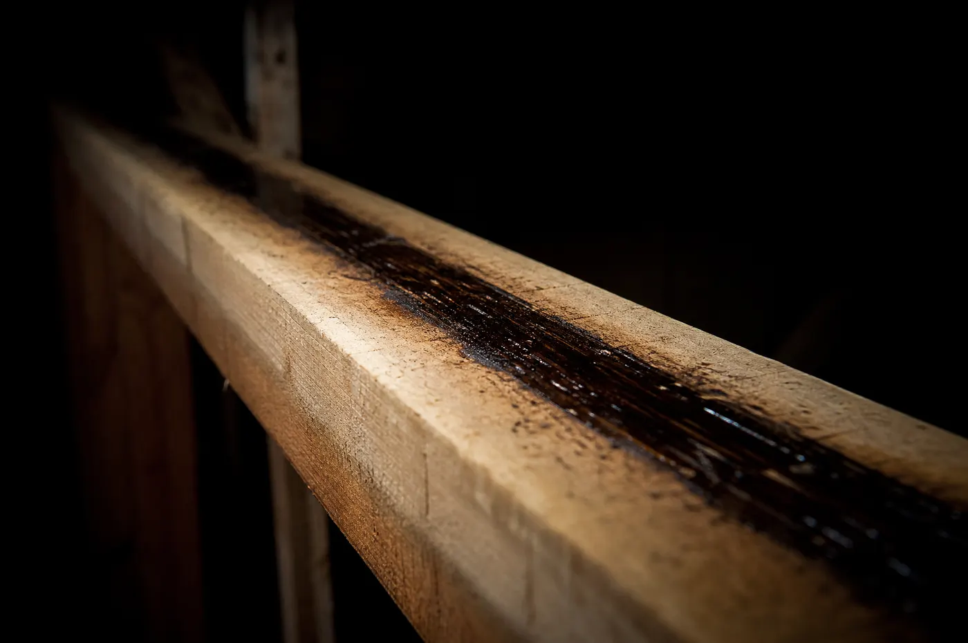 A dark greasy smear running along the top edge of a wooden attic joist, with the dust worn clean into a band on either side of it