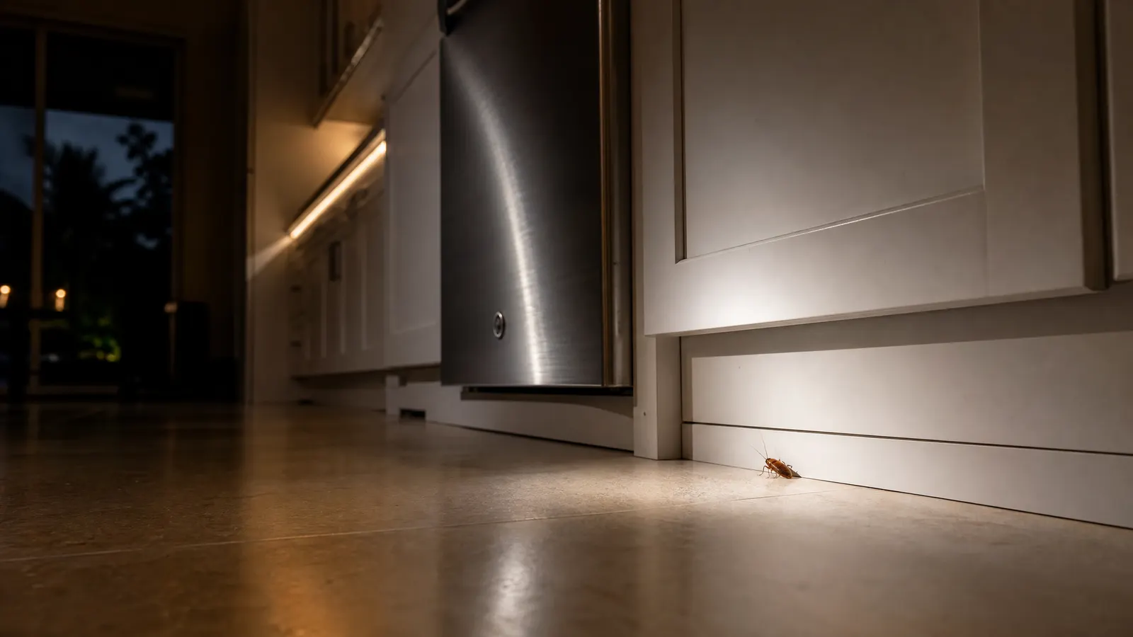 Cockroach activity returning along the edge of a South Florida kitchen cabinet after a surface spray