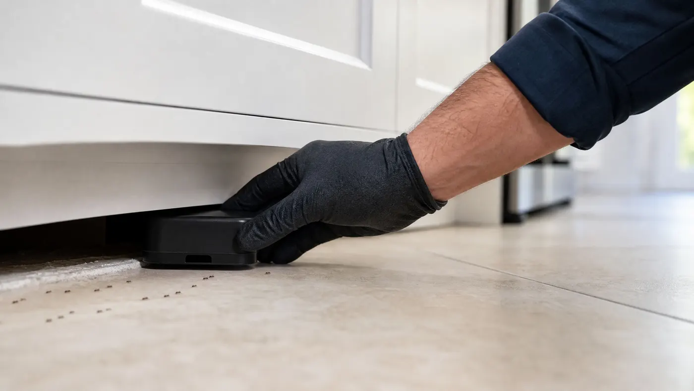 Technician placing a discreet bait station under a kitchen cabinet toe-kick where ants are trailing