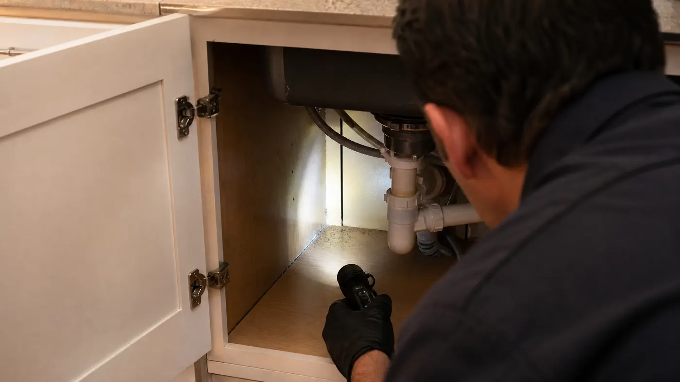 Pest control technician inspecting the back corner of an under-sink kitchen cabinet with a flashlight