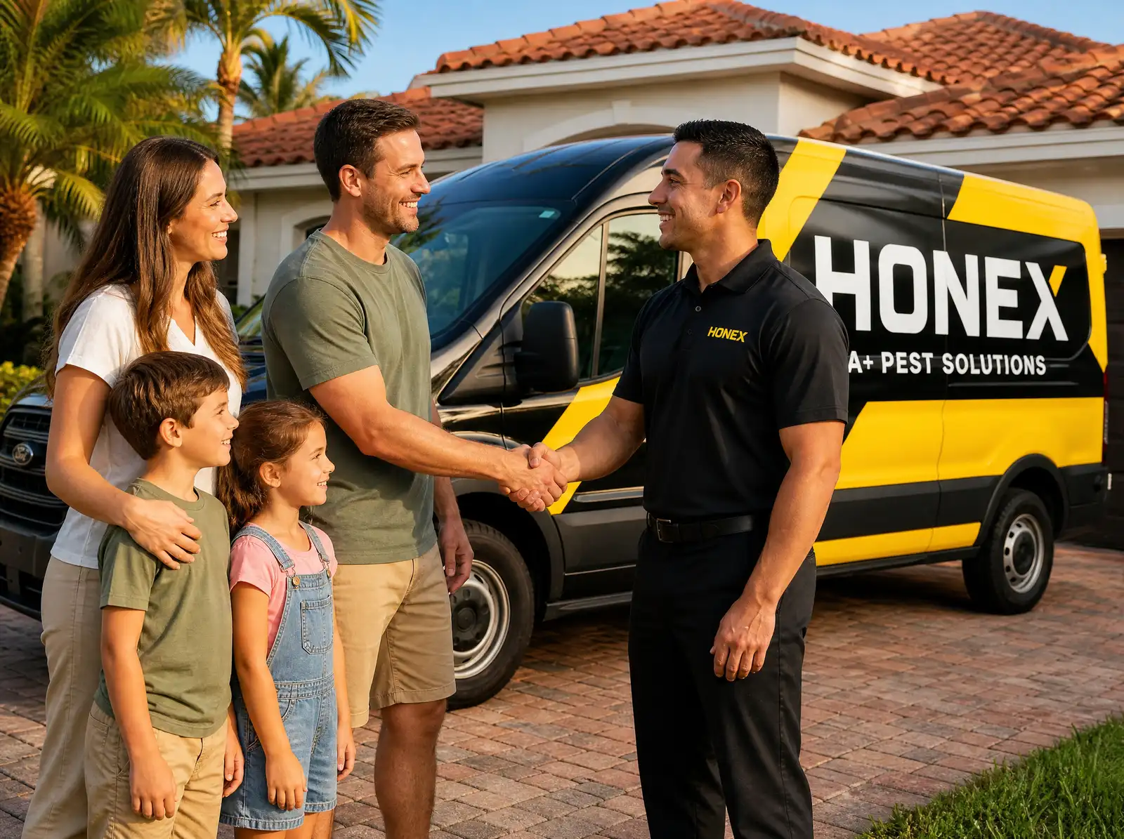 HONEX technician shaking hands with a smiling homeowner in front of their South Florida home, service van in the driveway