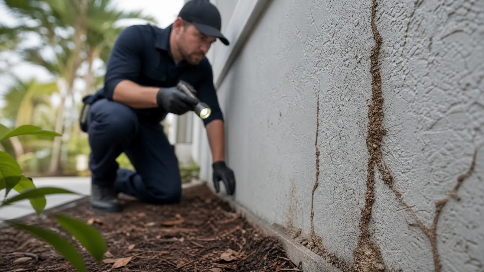 Technician examining mud tubes running up the stucco foundation of a South Florida home