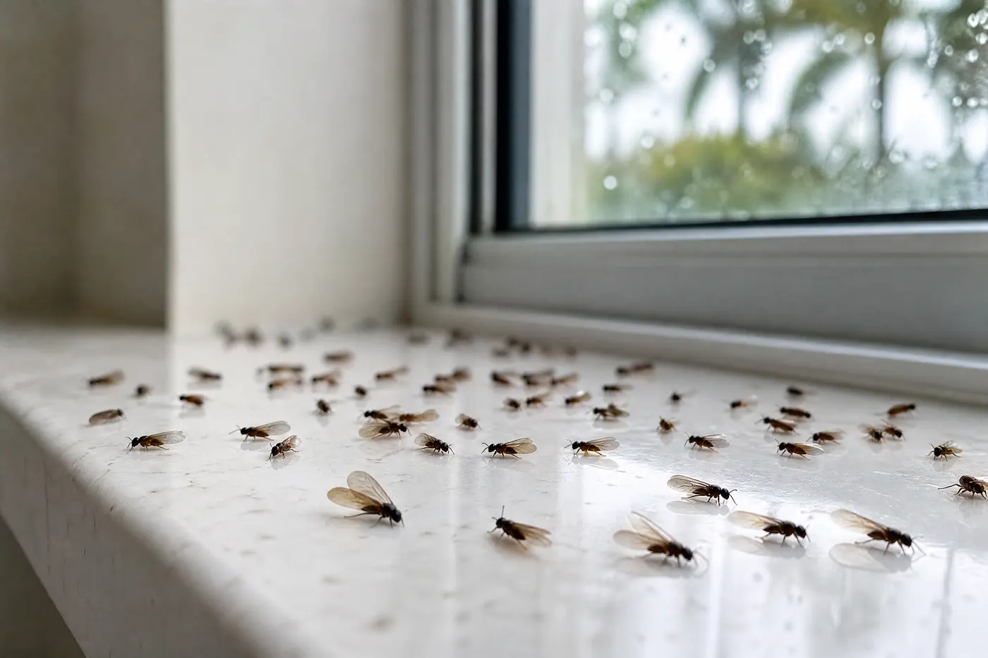 Winged ants gathering near a bright window after a warm Florida rain