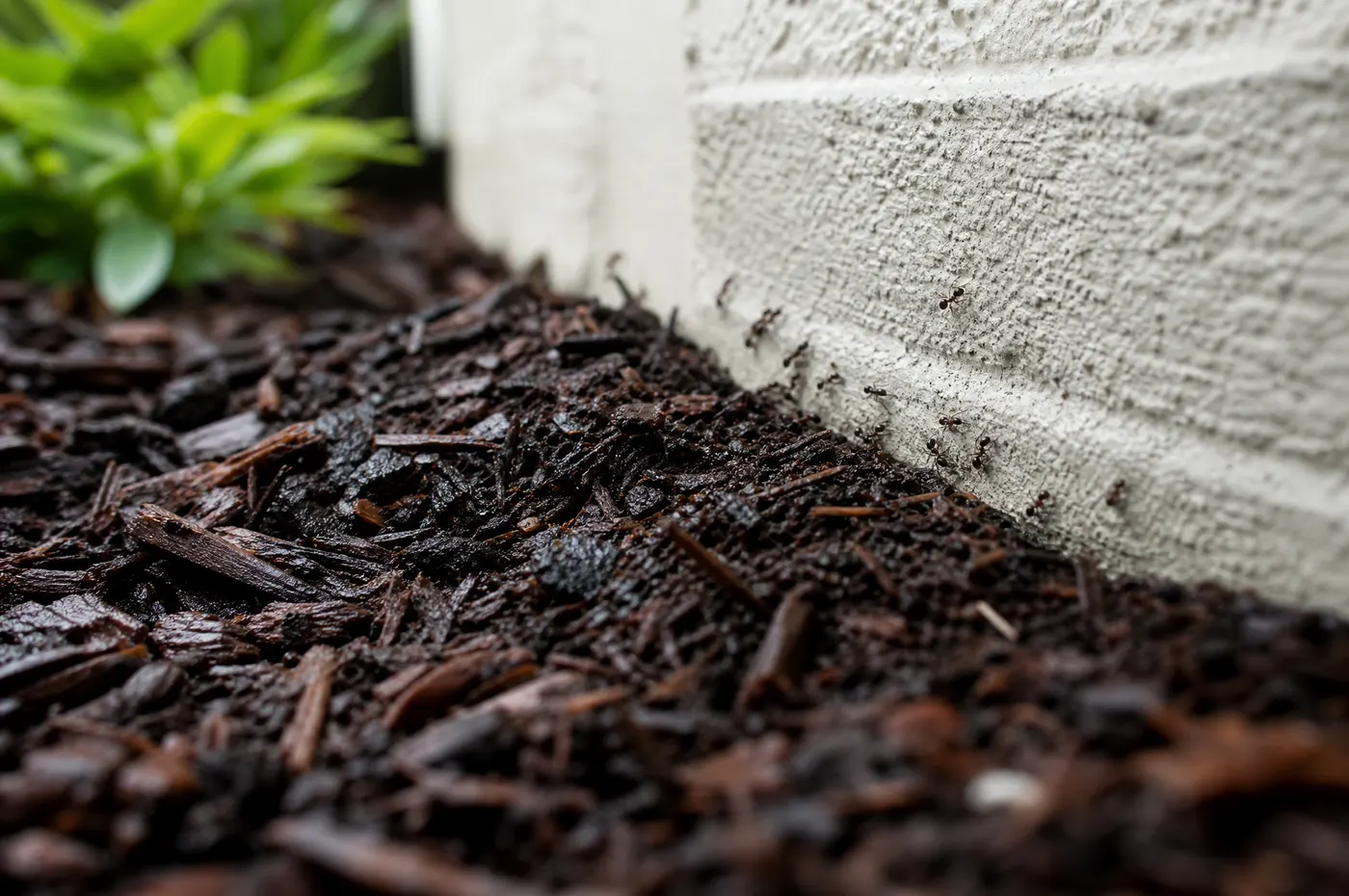 Ant trail leaving saturated mulch and moving toward a raised stucco foundation edge