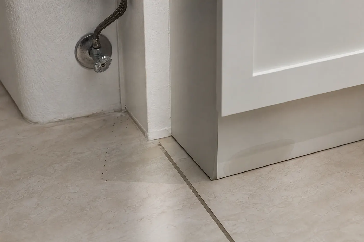 Tiny ant trail beside bathroom plumbing and a condensation mark near a cabinet base