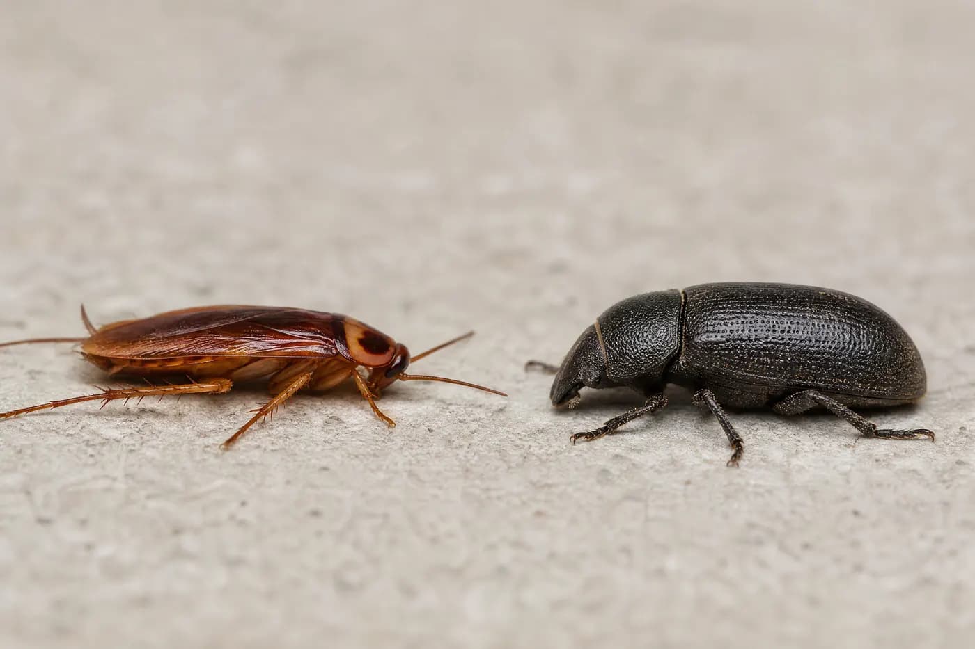 Flat outdoor cockroach profile beside a hard-shelled beetle profile for visual comparison