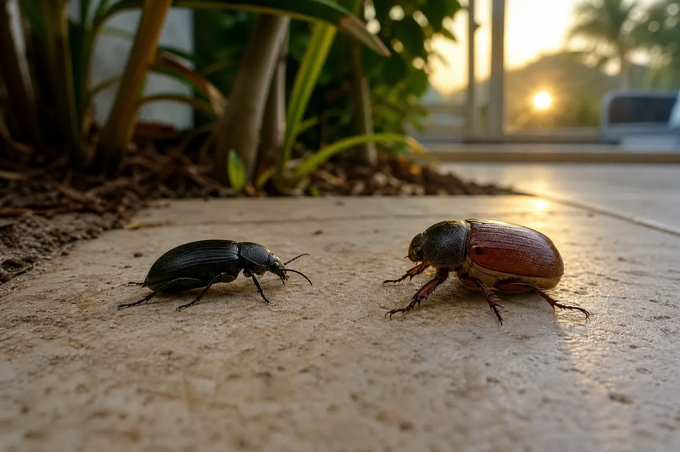 Dark ground beetle and rounded June beetle on a Florida patio beside a screened home
