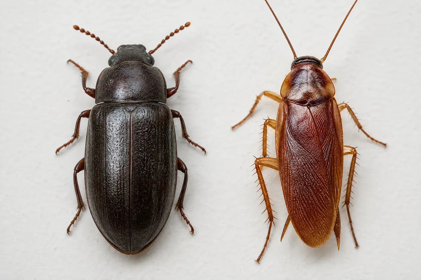 Hard-shelled beetle with a central wing-cover seam beside a flatter cockroach with overlapping wings