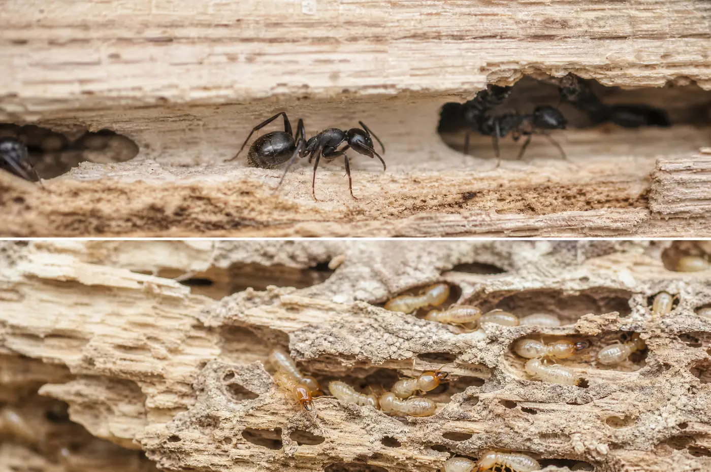 Carpenter ant and termite evidence shown separately on pale wood for comparison