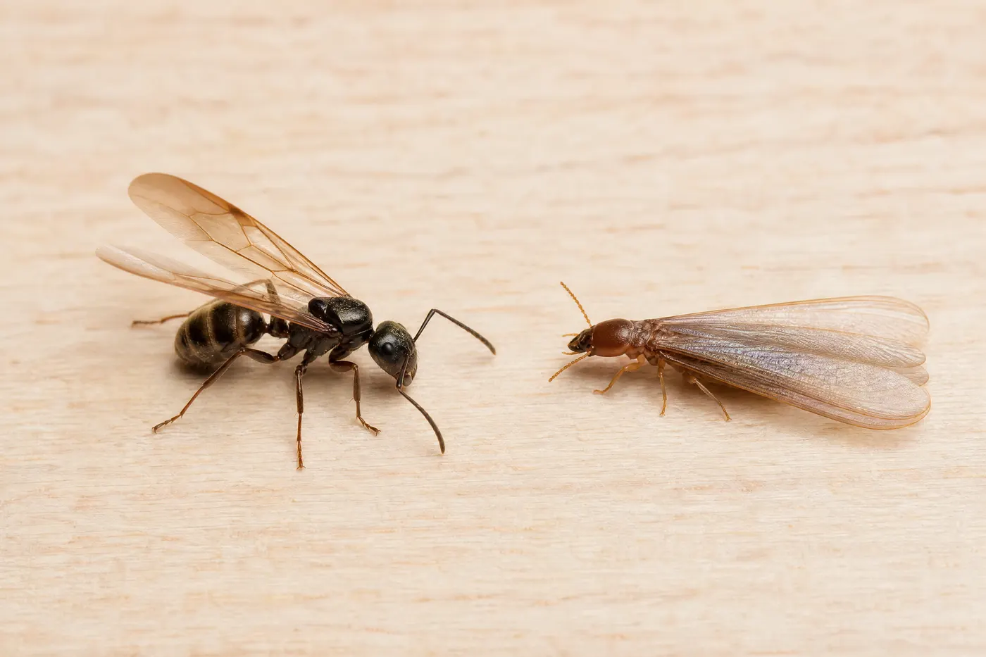 Carpenter ant and termite shown side by side with their different waists, antennae and wing proportions visible