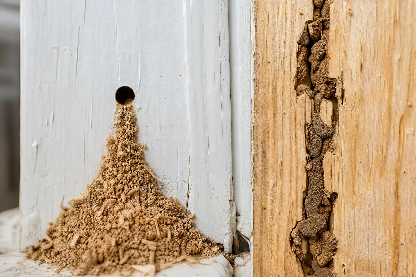 Coarse carpenter ant frass beside a wood gallery and a separate soil-packed termite channel