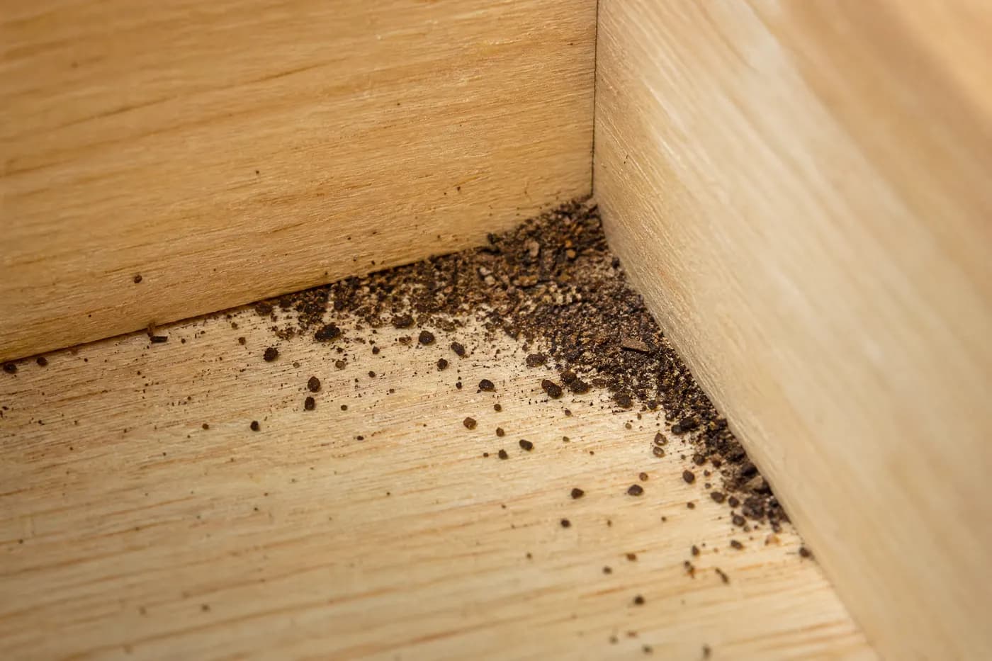 Macro view of tiny black German cockroach droppings scattered along the inside corner of a kitchen drawer